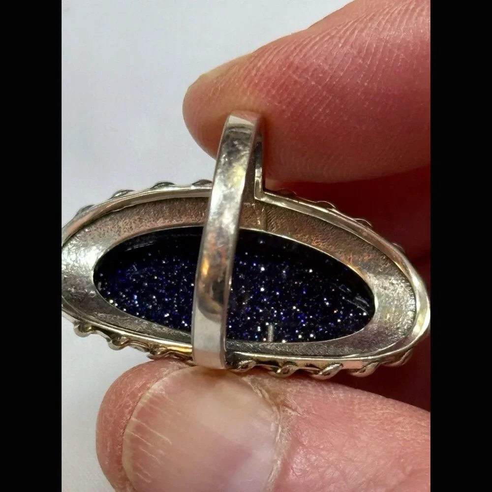 90s OOAK Oval Blue Goldstone Sterling Silver Ring Boho Grunge Good Luck 8 - Picture 3 of 7